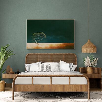 Large Australian landscape with dark teal sky and gold orange foreground with a twisted gum in the foreground,  Lucinda Leveille, original artwork, statement