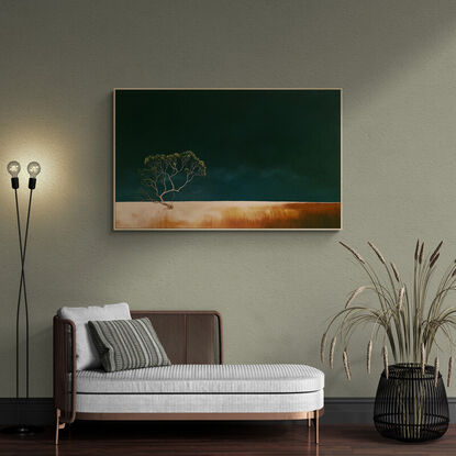 Large Australian landscape with dark teal sky and gold orange foreground with a twisted gum in the foreground,  Lucinda Leveille, original artwork, statement