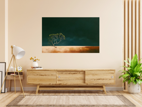 Large Australian landscape with dark teal sky and gold orange foreground with a twisted gum in the foreground,  Lucinda Leveille, original artwork, statement