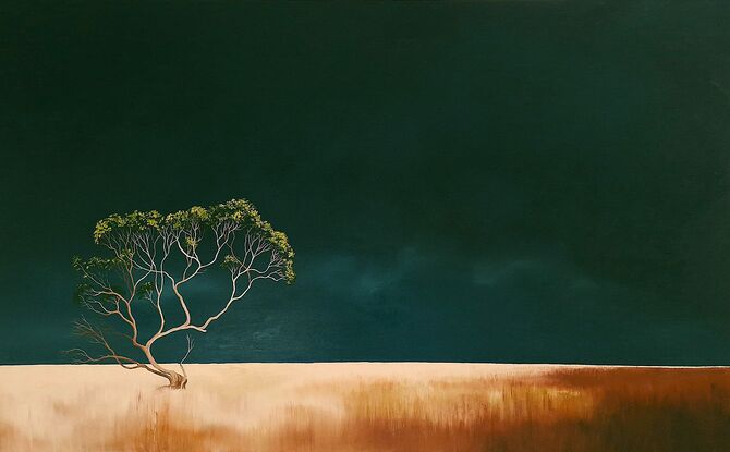 Large Australian landscape with dark teal sky and gold orange foreground with a twisted gum in the foreground,  Lucinda Leveille, original artwork, statement