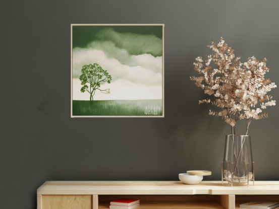 Oil painting, landscape, Australiana, trees, small, green grasses, soft morning light, panorama, pinks and corals in the sky, green clouds, Lucinda Leveille, original art, framed in oak