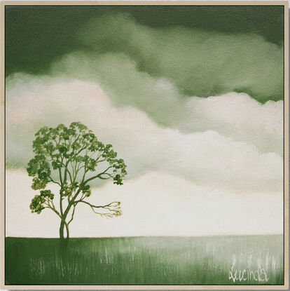 Oil painting, landscape, Australiana, trees, small, green grasses, soft morning light, panorama, pinks and corals in the sky, green clouds, Lucinda Leveille, original art, framed in oak