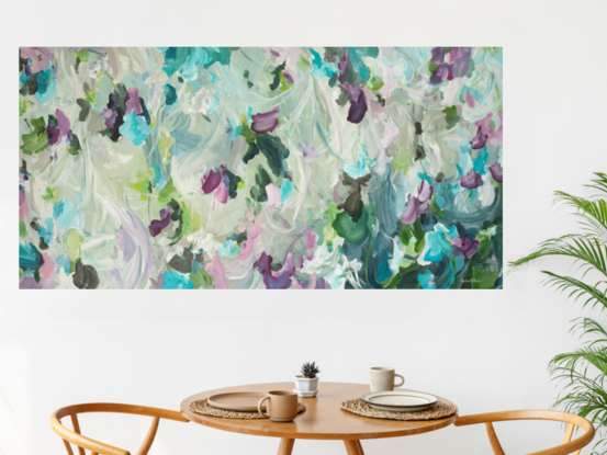 large minimal floral abstract original painting in light blue, deep pink and light green colours