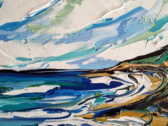 Light blue colours with ocean rocks and a bay, green hills. Painted in expressive abstract strokes. 

