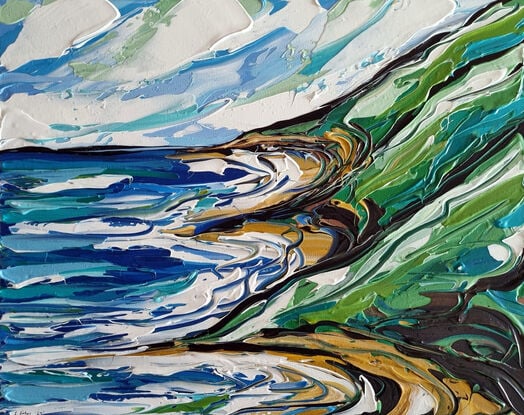 Light blue colours with ocean rocks and a bay, green hills. Painted in expressive abstract strokes. 

