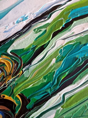 Light blue colours with ocean rocks and a bay, green hills. Painted in expressive abstract strokes. 

