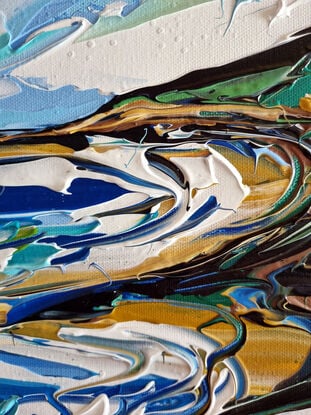 Light blue colours with ocean rocks and a bay, green hills. Painted in expressive abstract strokes. 

