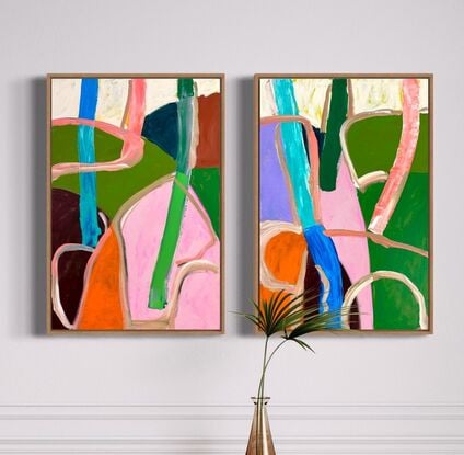 two canvases of abstract shapes reminiscent of hills and trees and a meandering road.