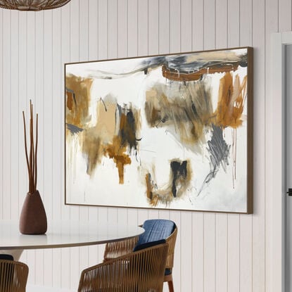 bold paint and pencil marks in light ochre with areas of white and grey, beige, tan, and ochre expressive marks across a large canvas