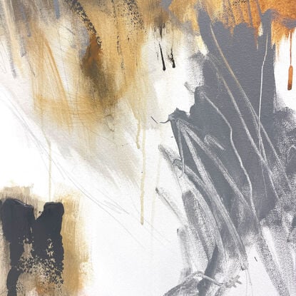 bold paint and pencil marks in light ochre with areas of white and grey, beige, tan, and ochre expressive marks across a large canvas