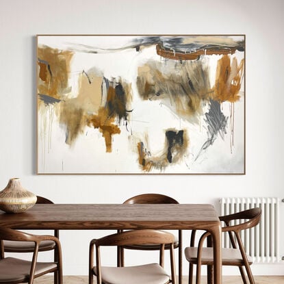 bold paint and pencil marks in light ochre with areas of white and grey, beige, tan, and ochre expressive marks across a large canvas