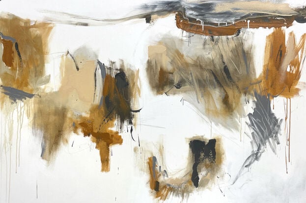 bold paint and pencil marks in light ochre with areas of white and grey, beige, tan, and ochre expressive marks across a large canvas