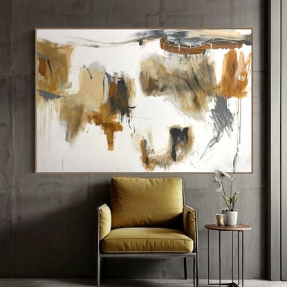 bold paint and pencil marks in light ochre with areas of white and grey, beige, tan, and ochre expressive marks across a large canvas