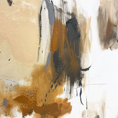 bold paint and pencil marks in light ochre with areas of white and grey, beige, tan, and ochre expressive marks across a large canvas