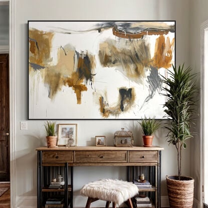 bold paint and pencil marks in light ochre with areas of white and grey, beige, tan, and ochre expressive marks across a large canvas