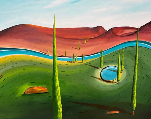 Where The Pencils Pine is a colourful, whimsical abstract landscape with lush rich green tones, a vivid blue river winding gracefully across the canvas and Scattered throughout the countryside are pencil-pine trees.