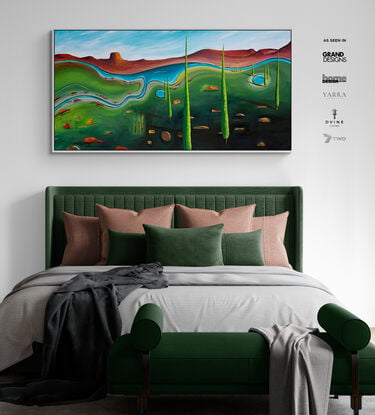 Where The Pencils Pine is a colourful, whimsical abstract landscape with lush rich green tones, a vivid blue river winding gracefully across the canvas and Scattered throughout the countryside are pencil-pine trees.