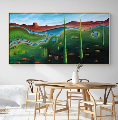 Where The Pencils Pine is a colourful, whimsical abstract landscape with lush rich green tones, a vivid blue river winding gracefully across the canvas and Scattered throughout the countryside are pencil-pine trees.