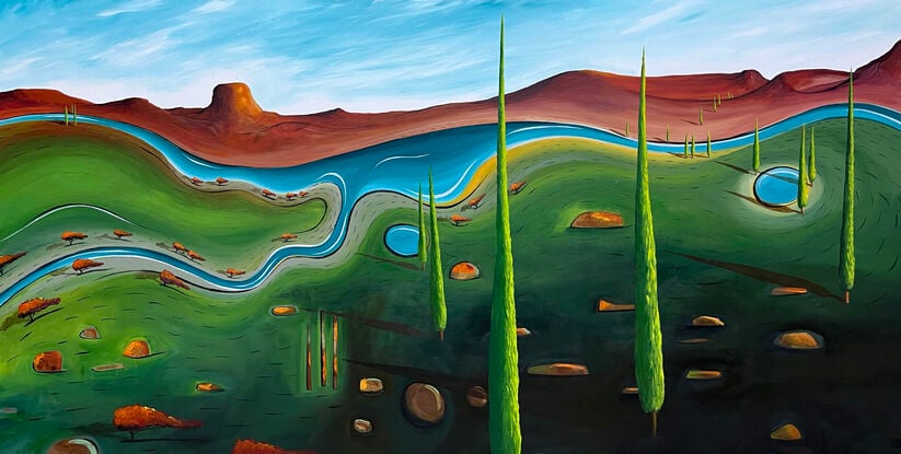 Where The Pencils Pine is a colourful, whimsical abstract landscape with lush rich green tones, a vivid blue river winding gracefully across the canvas and Scattered throughout the countryside are pencil-pine trees.