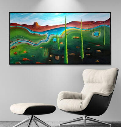 Where The Pencils Pine is a colourful, whimsical abstract landscape with lush rich green tones, a vivid blue river winding gracefully across the canvas and Scattered throughout the countryside are pencil-pine trees.