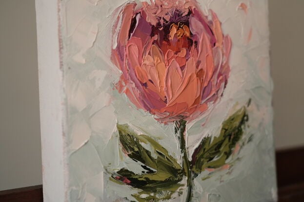 Textured pink protea oil painting artwork.