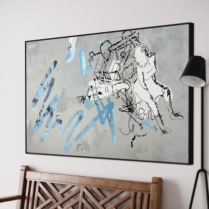 Dynamic acrylic strokes & ink lines forming an energetic abstract yet femaile figurative narrative.