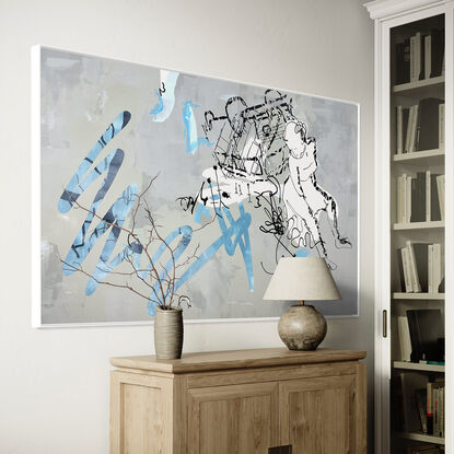 Dynamic acrylic strokes & ink lines forming an energetic abstract yet femaile figurative narrative.