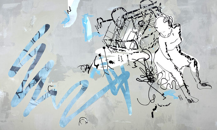 Dynamic acrylic strokes & ink lines forming an energetic abstract yet femaile figurative narrative.