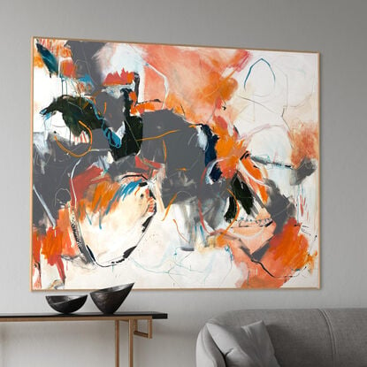 bold marks in beige, white, peach, apricot, orange, mint green, teal, dark blue, grey, and light blue across the canvas suggestive of flowers in the landscape made from large expressive painterly marks that uplift the soul.