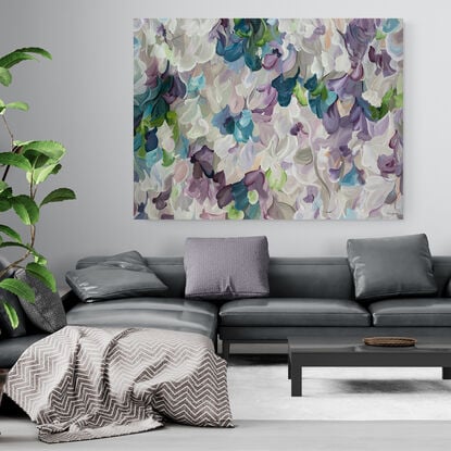 large purple and white modern impressionist style original painting with organic flowing round shapes