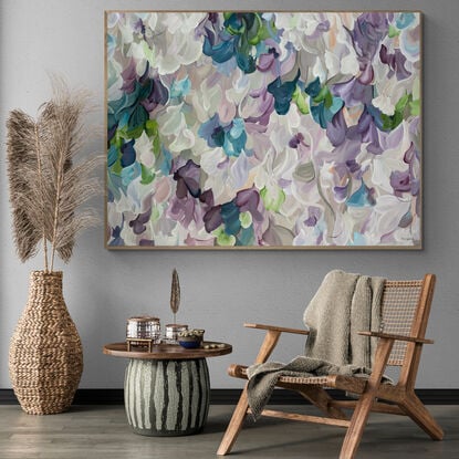 large purple and white modern impressionist style original painting with organic flowing round shapes