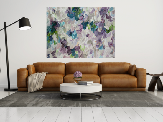 large purple and white modern impressionist style original painting with organic flowing round shapes