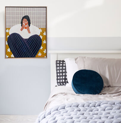 Blue background, woman reading book