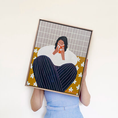 Blue background, woman reading book