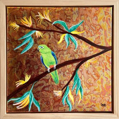 Orange bellied Parrot in golden bush
This painting is slightly varnished and framed with natural wood great quality.
Premium linen.
Birds are my cup of tea at this moment..I choose to work with metal leaf for the background there is a magical effect when light changing .
Orange bellied parrot are so rare  and endangered species .it was a pleasure to work on this one !
Each painting is provided with a certificate of authenticity.
Wrapped securely with bubbles layers and thick cardboard.ready to hang with D rings
