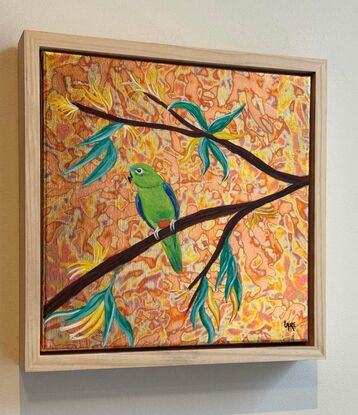 Orange bellied Parrot in golden bush
This painting is slightly varnished and framed with natural wood great quality.
Premium linen.
Birds are my cup of tea at this moment..I choose to work with metal leaf for the background there is a magical effect when light changing .
Orange bellied parrot are so rare  and endangered species .it was a pleasure to work on this one !
Each painting is provided with a certificate of authenticity.
Wrapped securely with bubbles layers and thick cardboard.ready to hang with D rings
