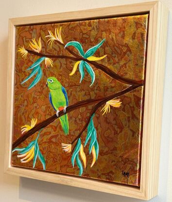 Orange bellied Parrot in golden bush
This painting is slightly varnished and framed with natural wood great quality.
Premium linen.
Birds are my cup of tea at this moment..I choose to work with metal leaf for the background there is a magical effect when light changing .
Orange bellied parrot are so rare  and endangered species .it was a pleasure to work on this one !
Each painting is provided with a certificate of authenticity.
Wrapped securely with bubbles layers and thick cardboard.ready to hang with D rings
