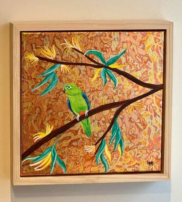 Orange bellied Parrot in golden bush
This painting is slightly varnished and framed with natural wood great quality.
Premium linen.
Birds are my cup of tea at this moment..I choose to work with metal leaf for the background there is a magical effect when light changing .
Orange bellied parrot are so rare  and endangered species .it was a pleasure to work on this one !
Each painting is provided with a certificate of authenticity.
Wrapped securely with bubbles layers and thick cardboard.ready to hang with D rings
