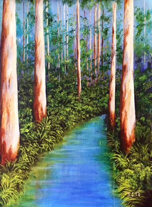 A peaceful blue stream wends its way through the stately tall karri trees in a southwest forest. The background sky peeps through the green undergrowth while the stately trees stand in solidarity along the water's edge. Bracken, ferns and ground covers frame the blueness of the water providing peaceful reflections in the slow moving stream. It is a peaceful scene to encounter.