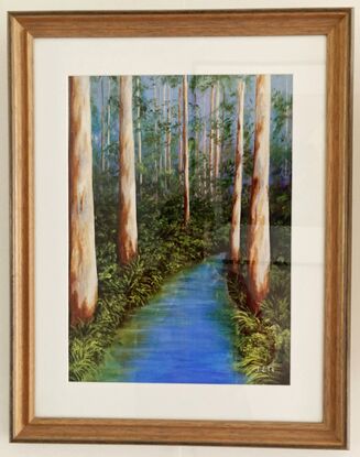 A peaceful blue stream wends its way through the stately tall karri trees in a southwest forest. The background sky peeps through the green undergrowth while the stately trees stand in solidarity along the water's edge. Bracken, ferns and ground covers frame the blueness of the water providing peaceful reflections in the slow moving stream. It is a peaceful scene to encounter.