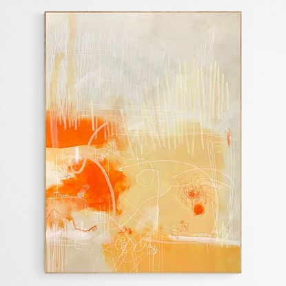 Large abstract of acrylic paint, with ink, pastel and pencil on a vibrant ground of earthy/rusty orange tones. 