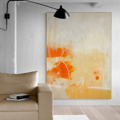 Large abstract of acrylic paint, with ink, pastel and pencil on a vibrant ground of earthy/rusty orange tones. 