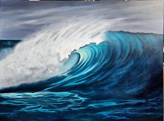 Powerful large wave with tones of blue,  an  iridescent focal point which draws in the viewer's eye. 