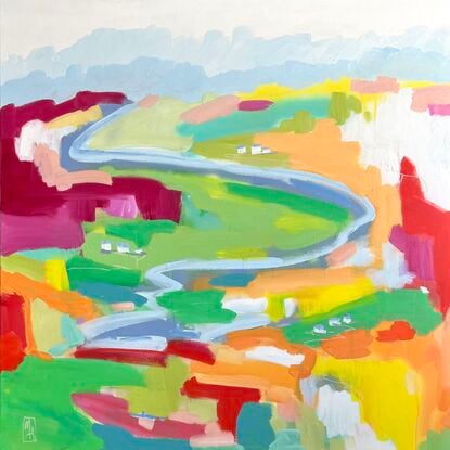 Colourful bright abstract landscape with pink, yellow, orange, red, blue and green.