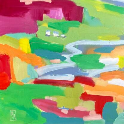 Colourful bright abstract landscape with pink, yellow, orange, red, blue and green.