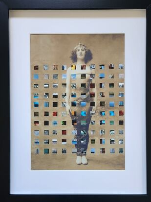 various blue squares woven in a grid formation on an image of a vintage dressed sepia toned woman in black frame and white mat