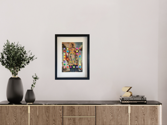 various coloured squares woven in a grid formation on an image of a vintage dressed sepia toned woman in black frame and white mat