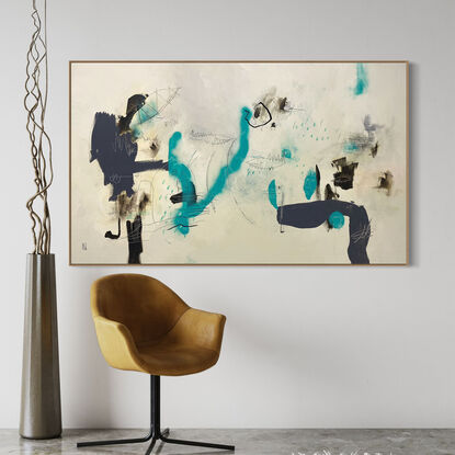 Large abstract of textured acrylic paint, ink, charcoal & pastel on a weathered ground of earthy, warm eggshell gray with light teal/blue, vibrant  peach/terracotta with 'narrative' black linework.