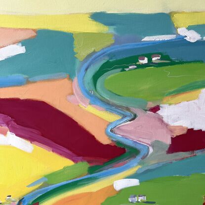 Colourful bright abstract landscape with pink, yellow, orange, red, blue and green.