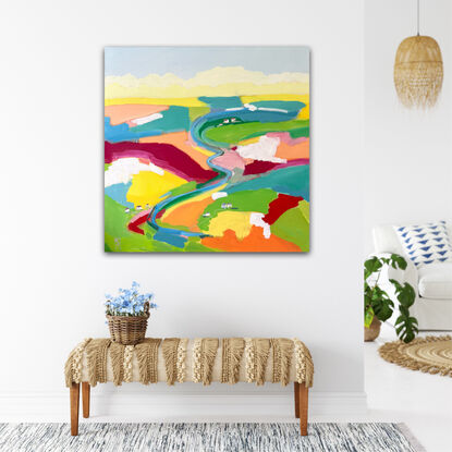 Colourful bright abstract landscape with pink, yellow, orange, red, blue and green.